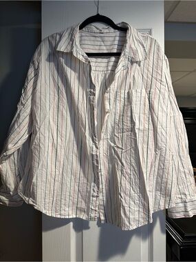 Maurices White Button-Down Shirt with Blue and Red Stripes
